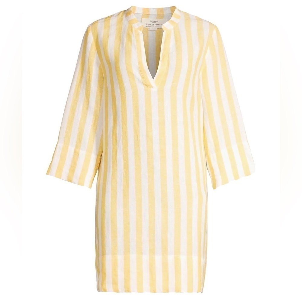 Trovata Birds of Paradise “Lucca” yellow awning stripe linen shift dress coverup